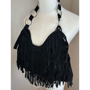 Wilsons Leather Black Suede Fringe Hobo Shoulder Bag Boho Western Y2K Vintage